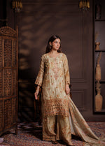 Olive-Gold Floral Tissue Silk 3-Piece Suit with Rose Gold Cutwork Embroidery