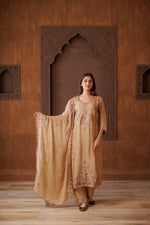 Beige-Gold Embroidered Silk 3-Piece Suit with Delicate Pink Floral Accents
