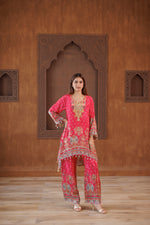 Hot Pink Embroidered Silk Co-Ord Set with Asymmetric Kurta and Wide-Leg Pants