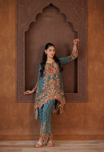 Teal Blue Heavily Embroidered Silk Asymmetric Suit Set