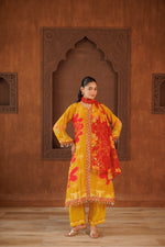 Mustard Yellow A-Line Embroidered 3-Piece Silk Suit