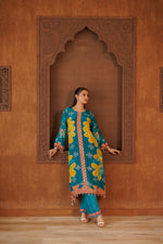 Teal Blossom A-Line Printed Kurta Set with Floral Dupatta