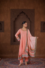 Peach Pink Embroidered Anarkali Kurta Set with Printed Dupatta