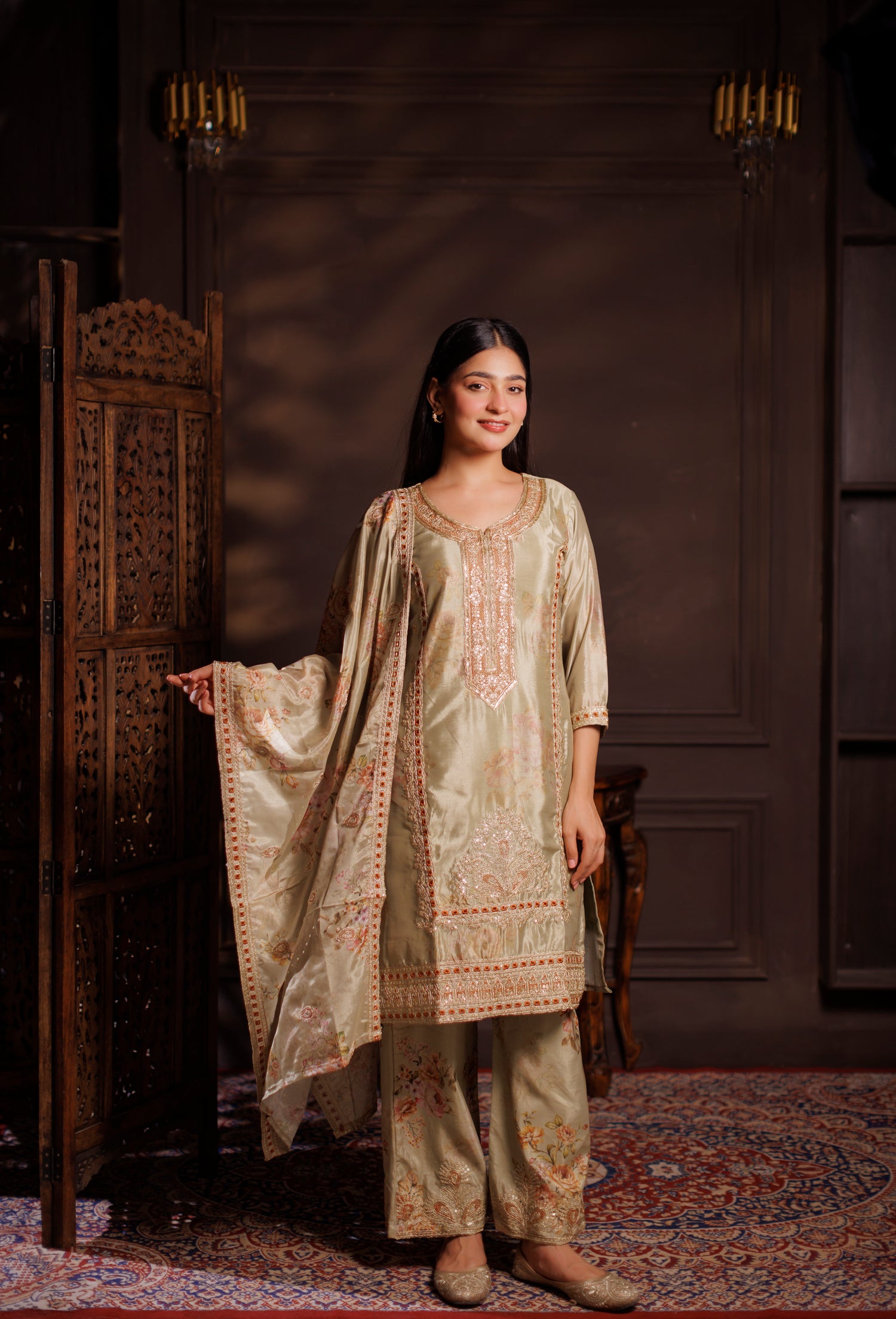 Pastel Olive-Sage Embroidered Tissue Silk 3-Piece Suit