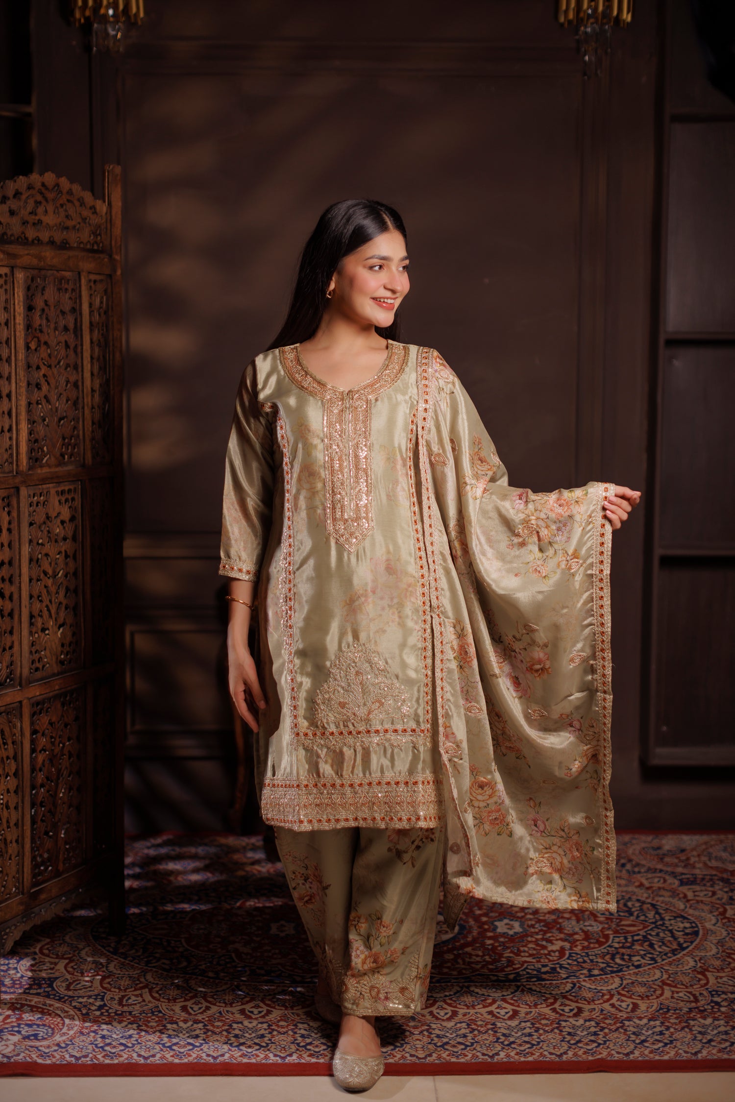Pastel Olive-Sage Embroidered Tissue Silk 3-Piece Suit