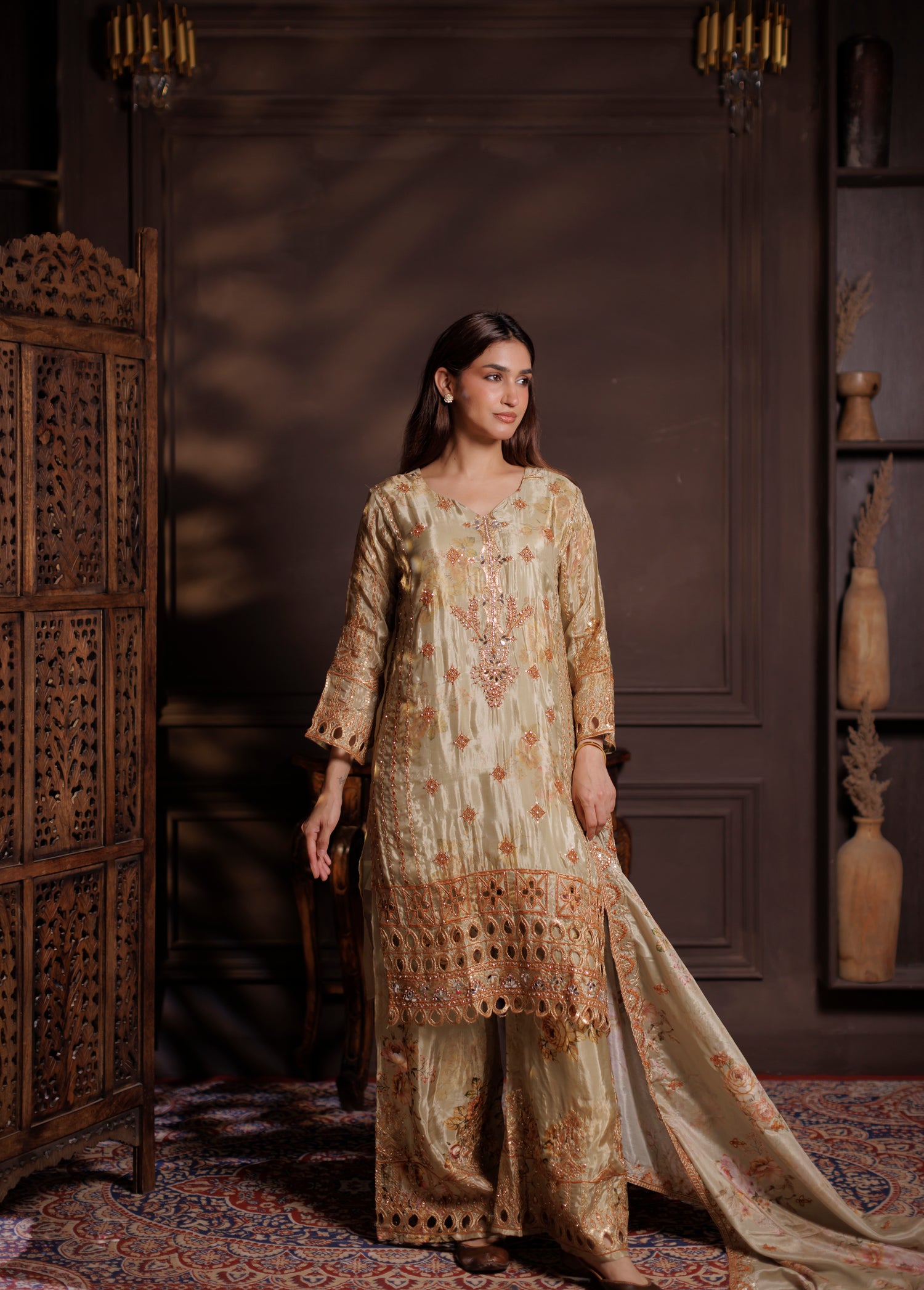 Olive-Gold Floral Tissue Silk 3-Piece Suit with Rose Gold Cutwork Embroidery
