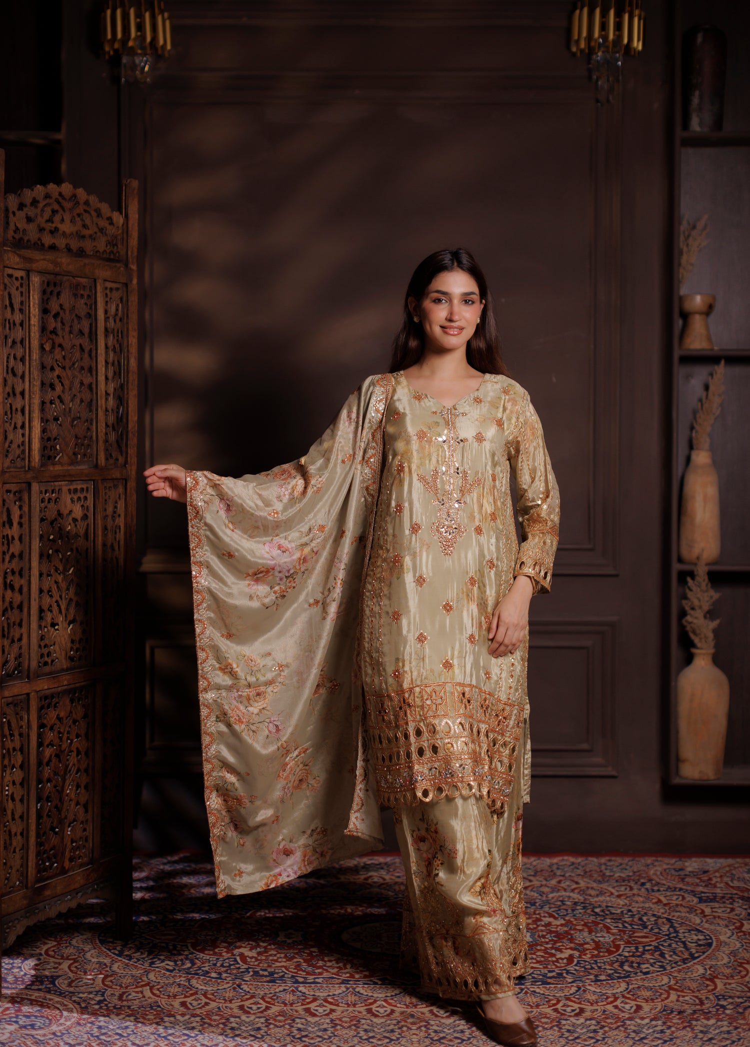 Olive-Gold Floral Tissue Silk 3-Piece Suit with Rose Gold Cutwork Embroidery