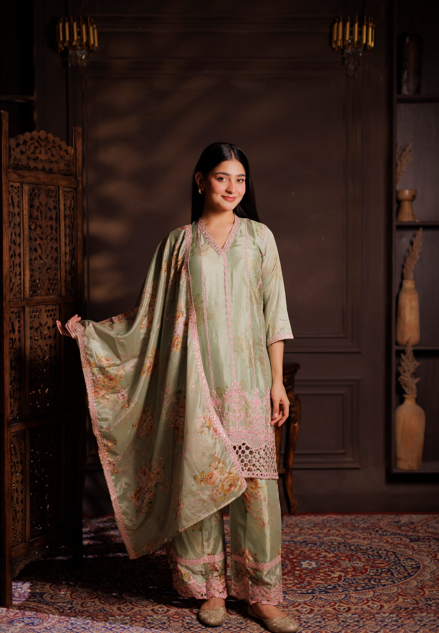 Sage Green Floral Printed Silk 3-Piece Suit with Pink Cutwork Embroidery