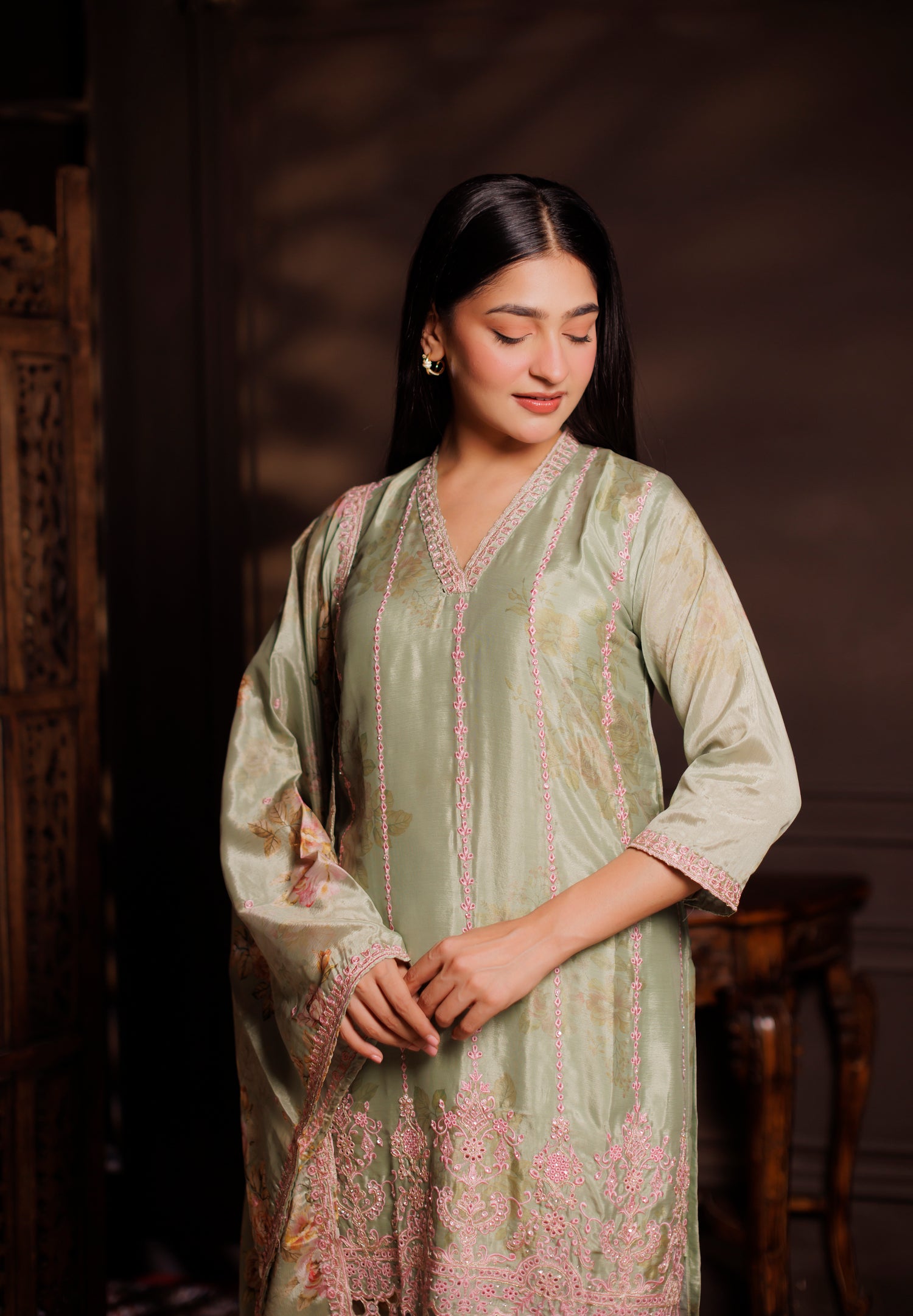 Sage Green Floral Printed Silk 3-Piece Suit with Pink Cutwork Embroidery