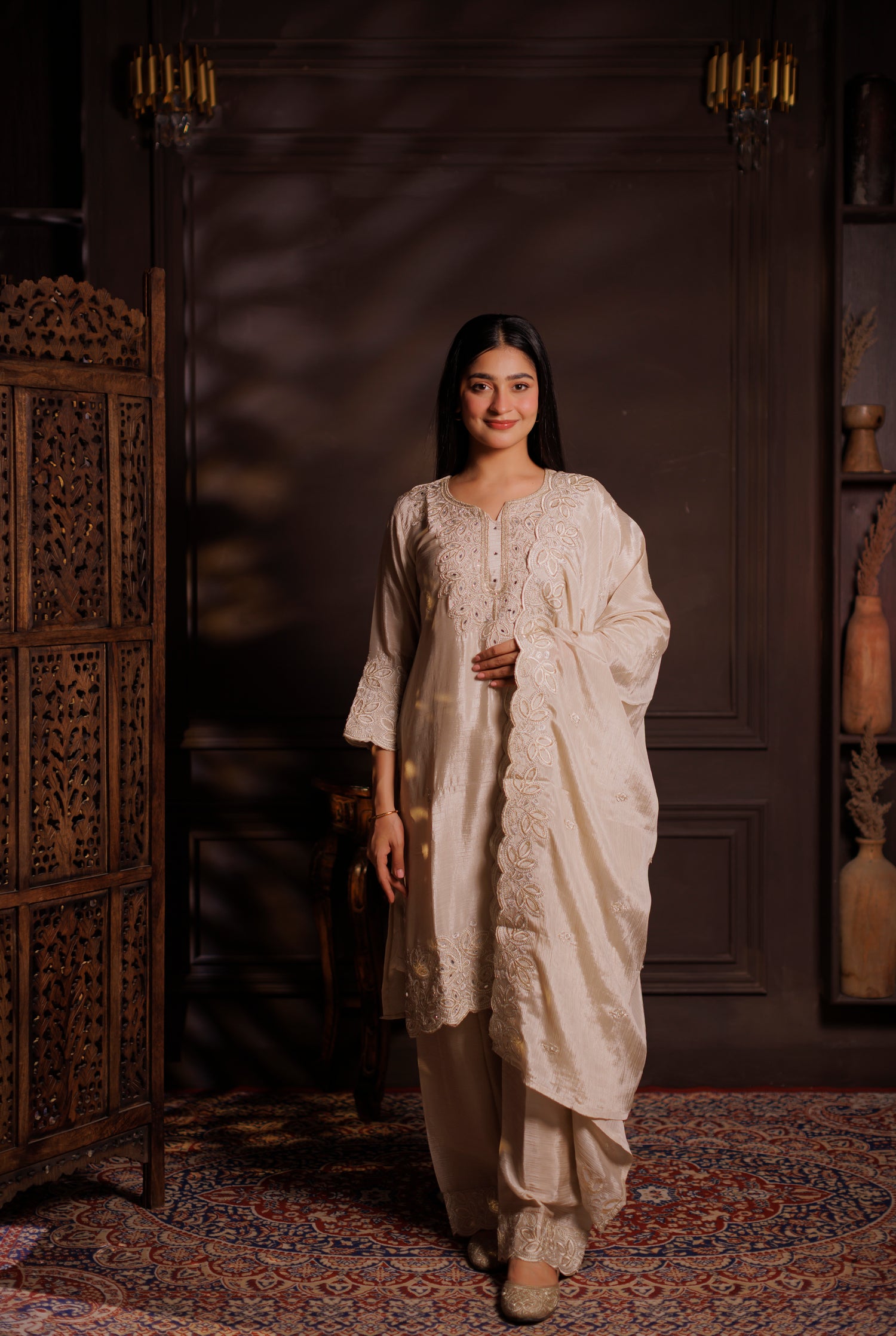Ivory Cream Heavily Embroidered Silk 3-Piece Suit