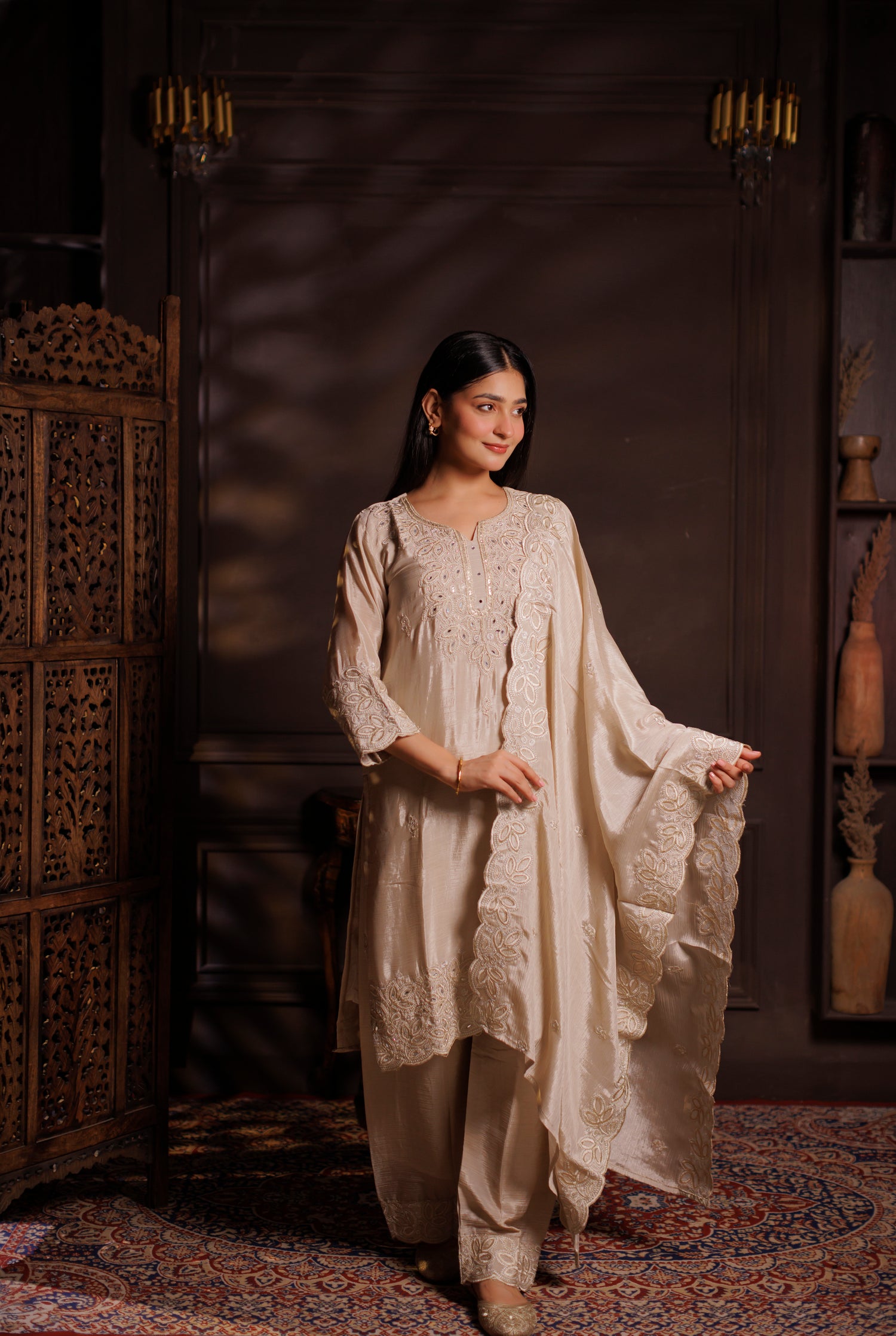 Ivory Cream Heavily Embroidered Silk 3-Piece Suit