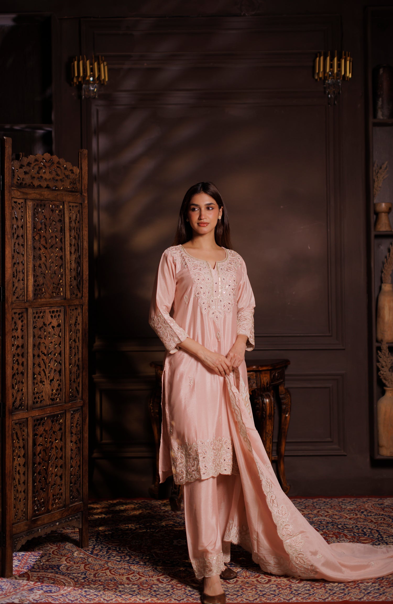 Pastel Blush Pink Heavily Embroidered Silk 3-Piece Suit