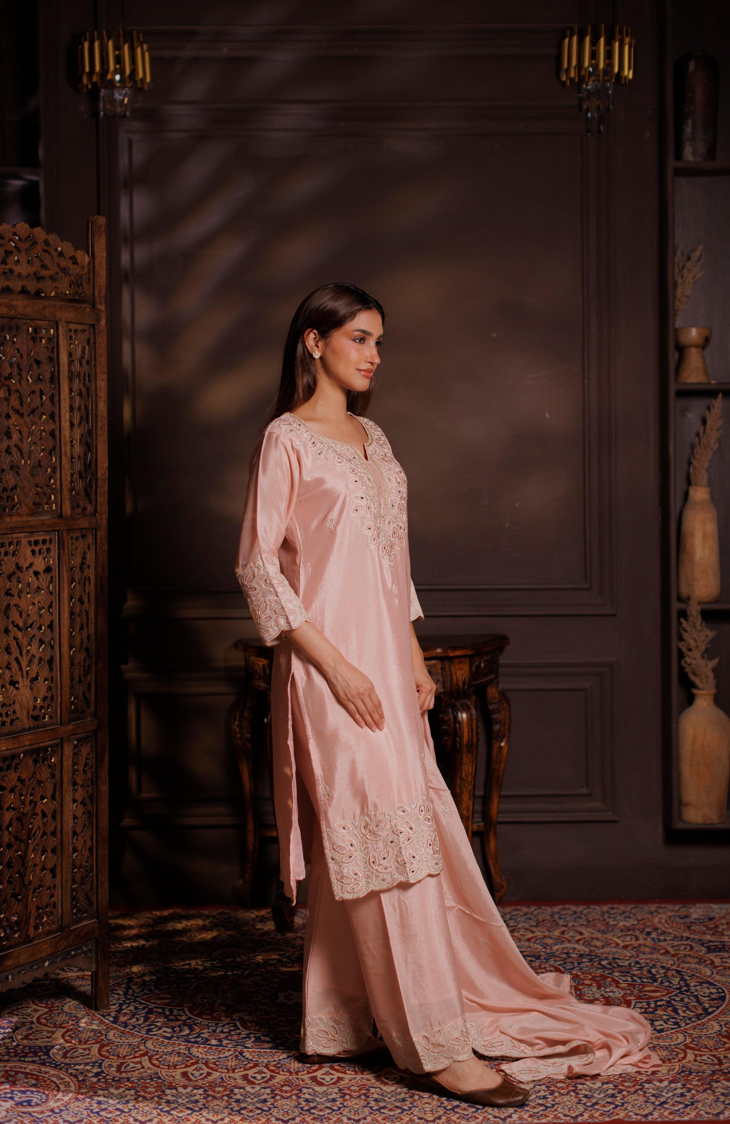 Pastel Blush Pink Heavily Embroidered Silk 3-Piece Suit