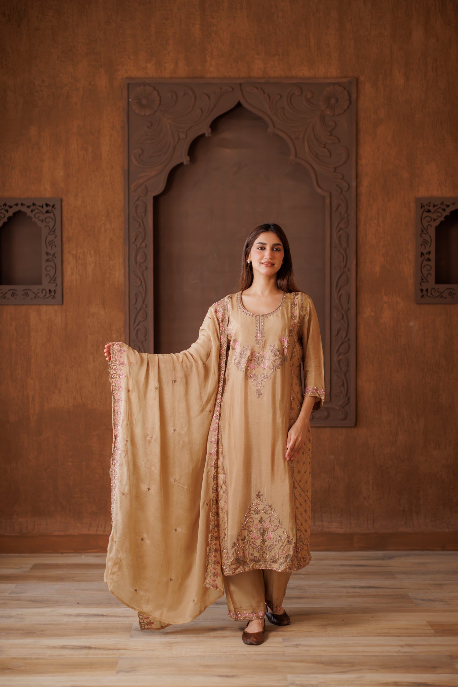 Beige-Gold Embroidered Silk 3-Piece Suit with Delicate Pink Floral Accents