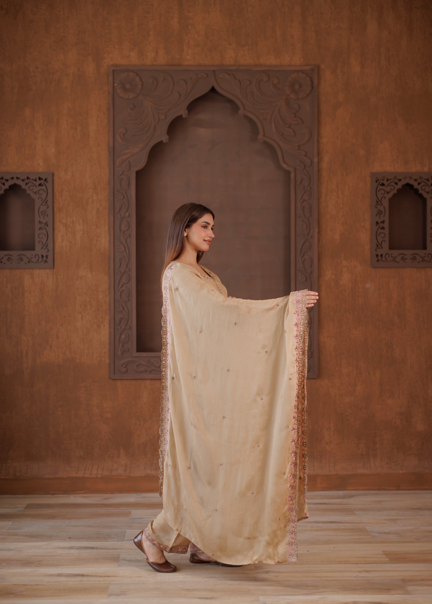 Beige-Gold Embroidered Silk 3-Piece Suit with Delicate Pink Floral Accents