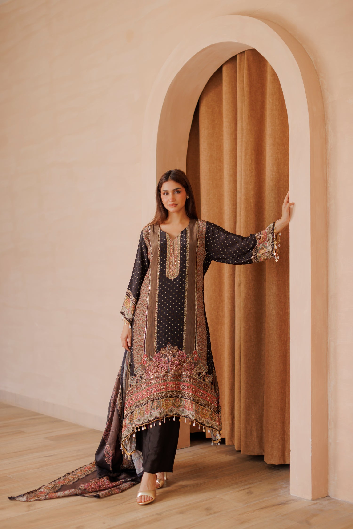 Charcoal Black A-Line Embroidered Silk 3-Piece Suit with Traditional Print