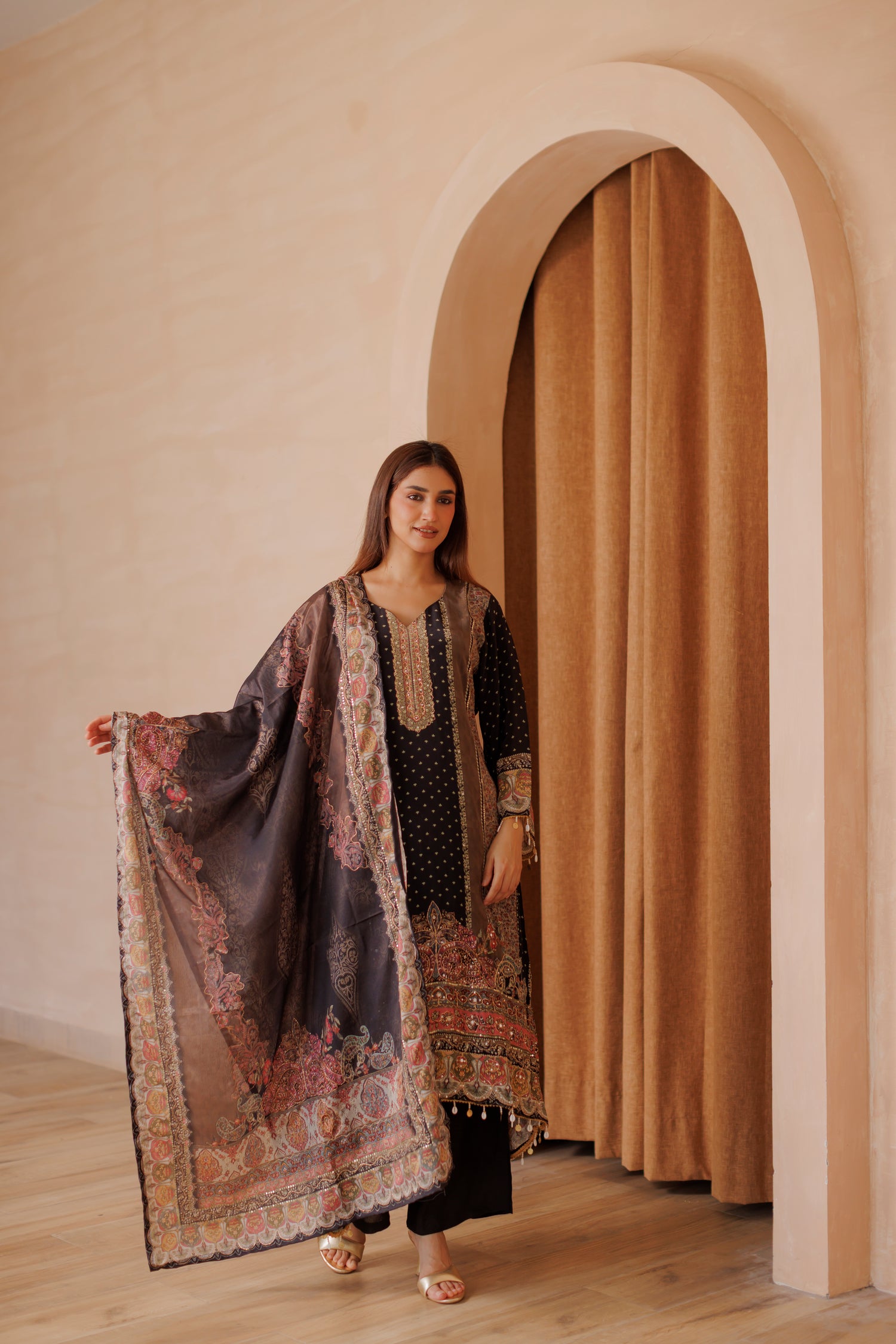 Charcoal Black A-Line Embroidered Silk 3-Piece Suit with Traditional Print