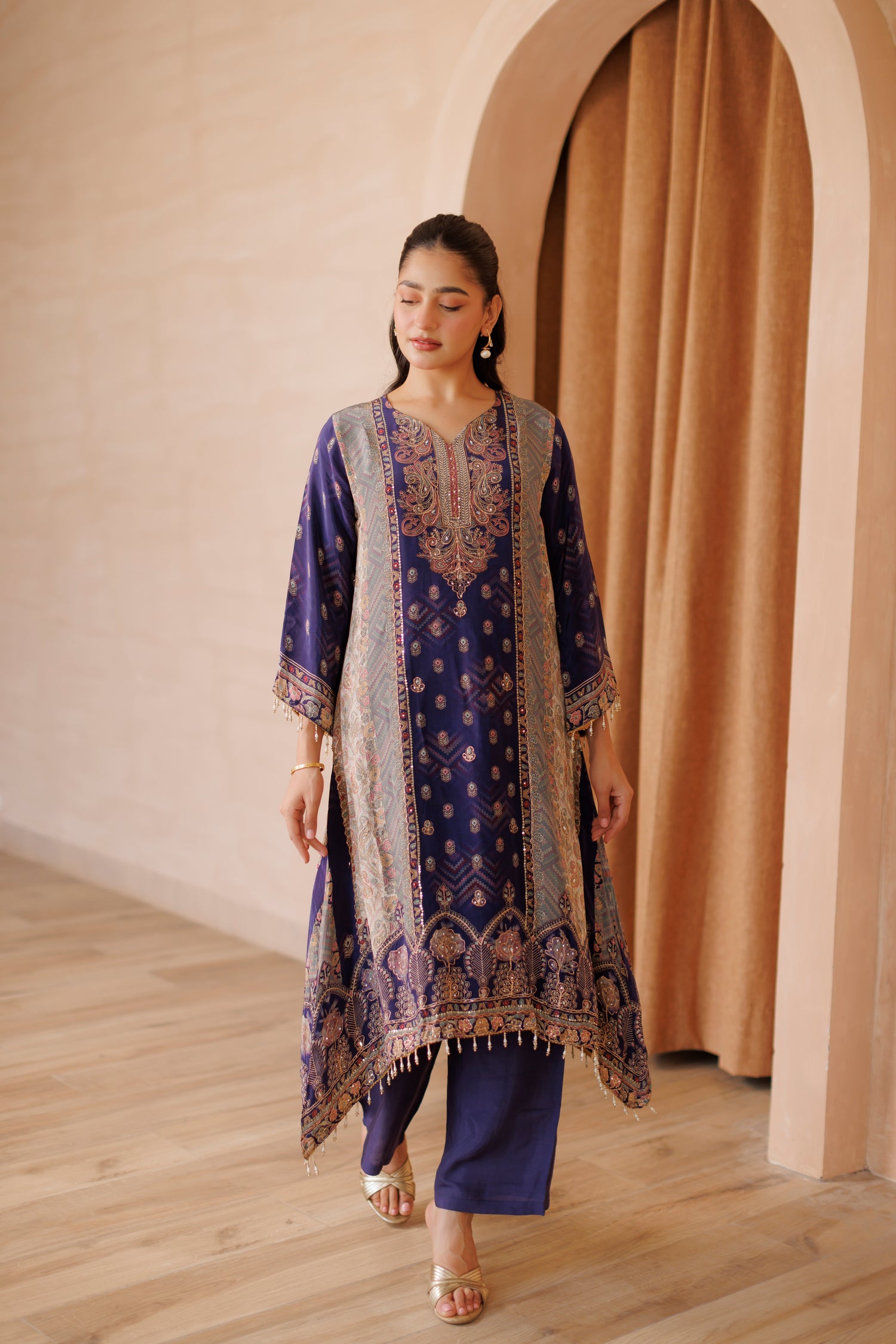 Royal Navy Blue A-Line Heavily Embroidered Silk 3-Piece Suit