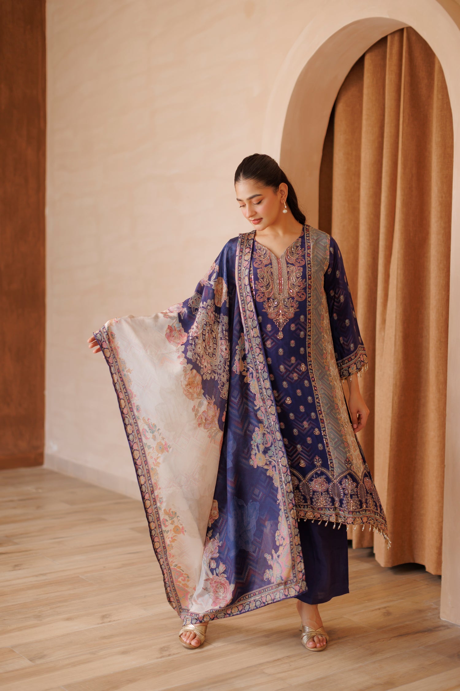 Royal Navy Blue A-Line Heavily Embroidered Silk 3-Piece Suit