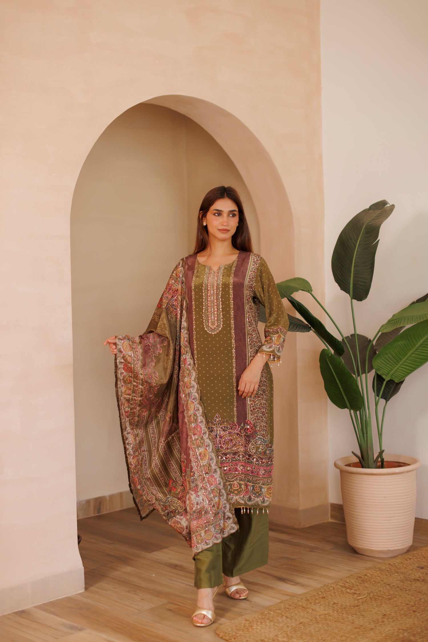 Olive Green Embroidered Silk 3-Piece Suit with Ornamental Border Details