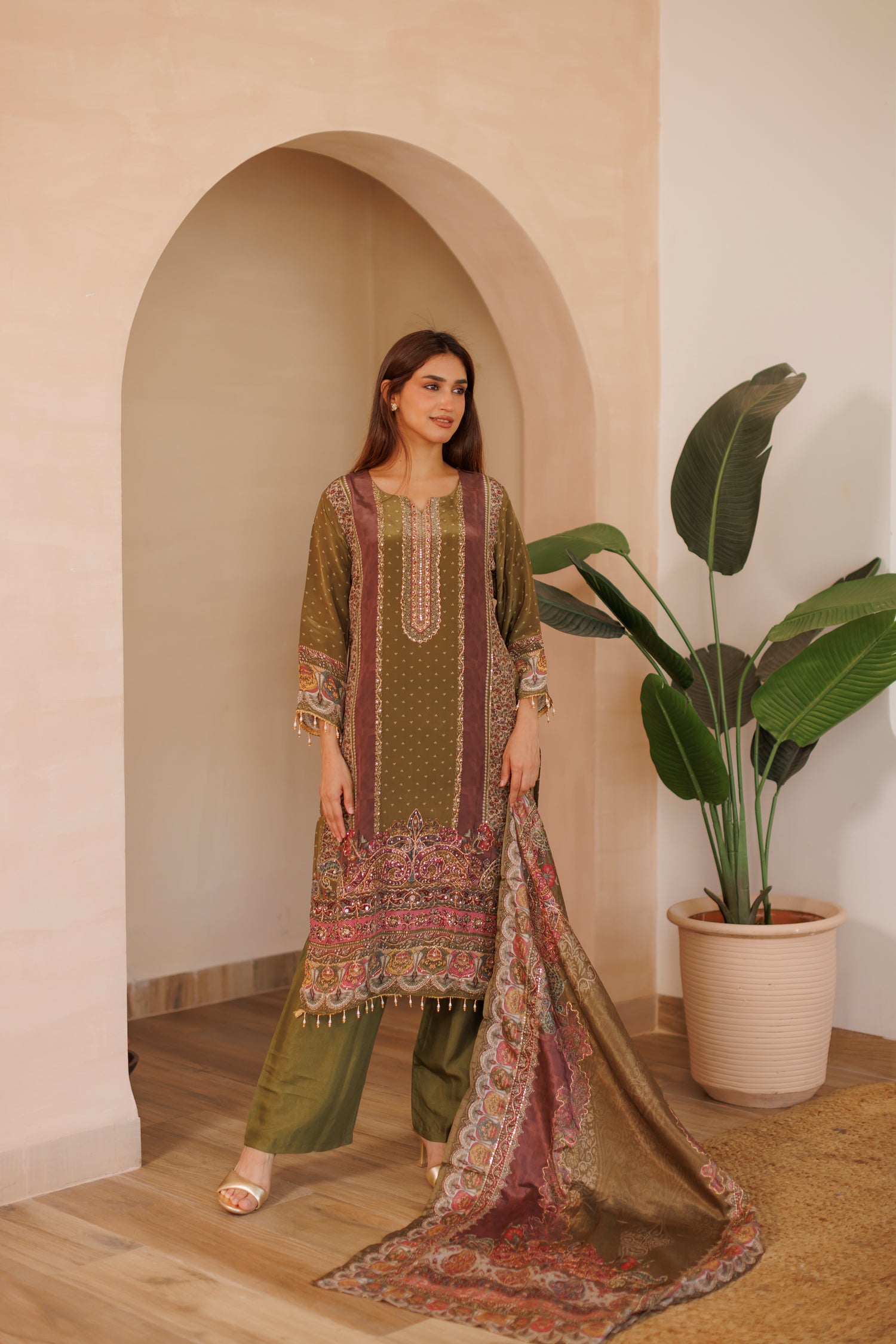 Olive Green Embroidered Silk 3-Piece Suit with Ornamental Border Details
