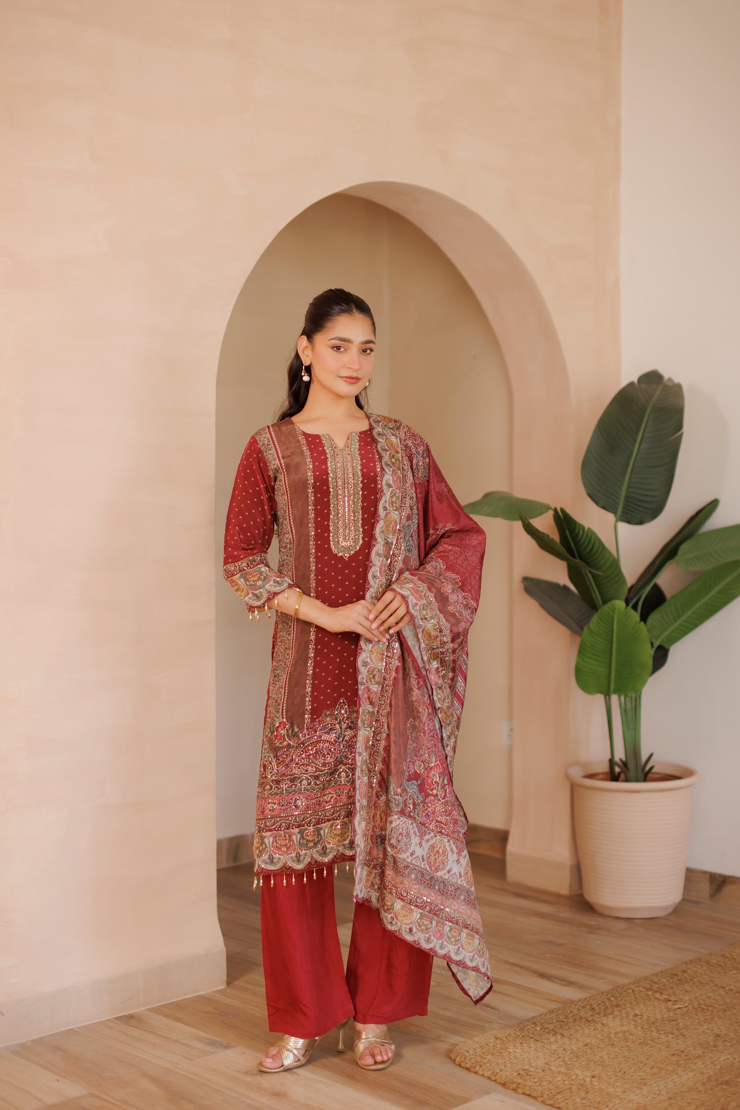 Deep Maroon Embroidered Silk 3-Piece Suit with Traditional Print