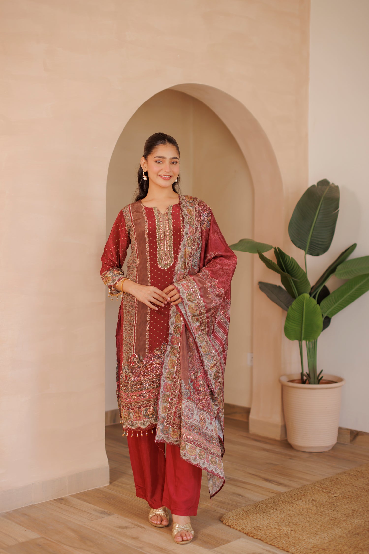 Deep Maroon Embroidered Silk 3-Piece Suit with Traditional Print