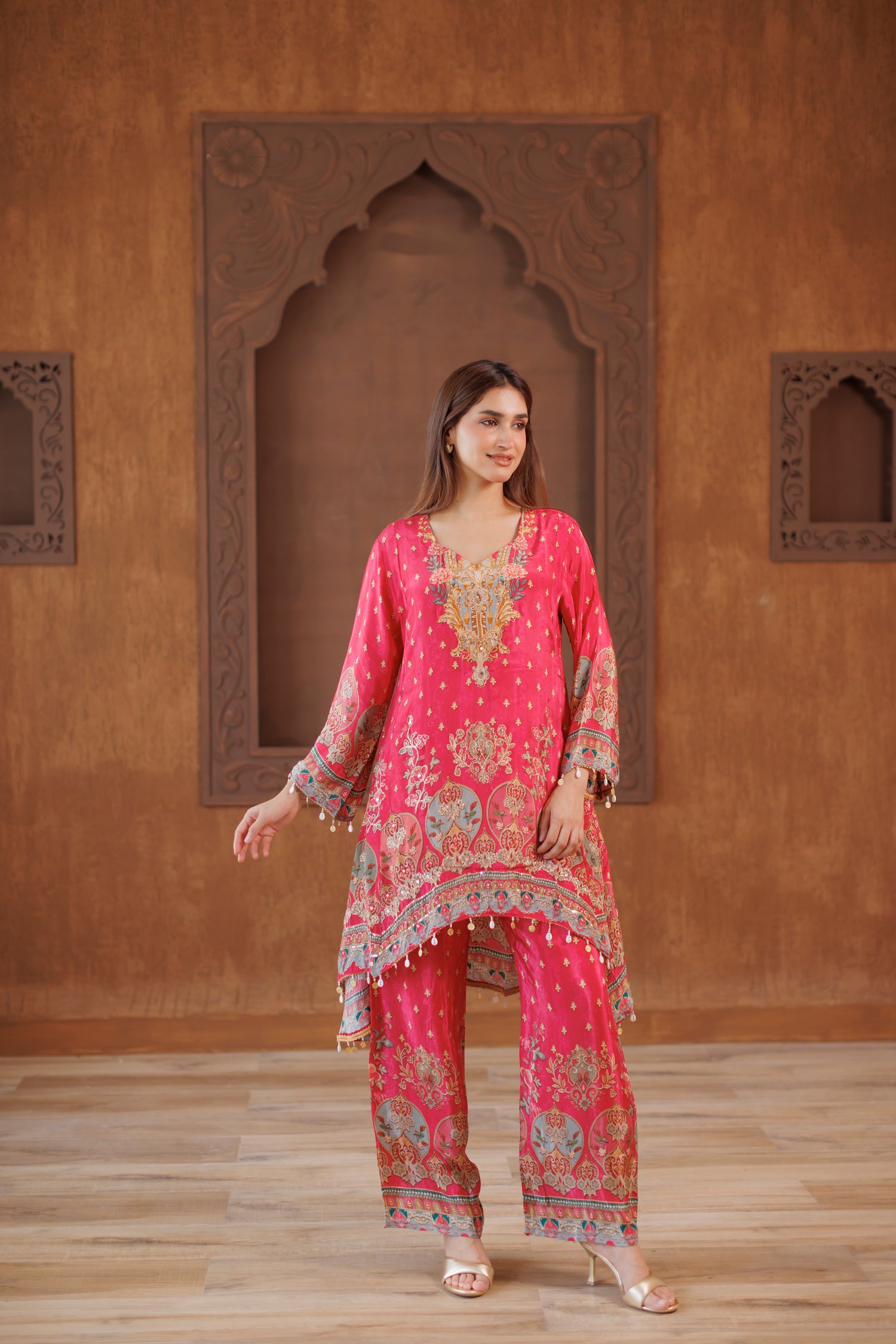 Hot Pink Embroidered Silk Co-Ord Set with Asymmetric Kurta and Wide-Leg Pants