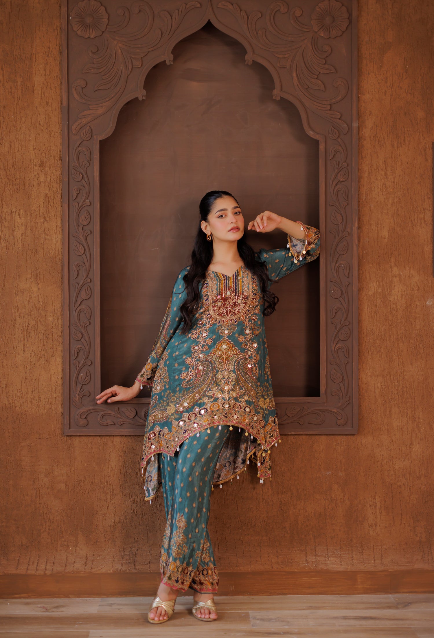Teal Blue Heavily Embroidered Silk Asymmetric Suit Set