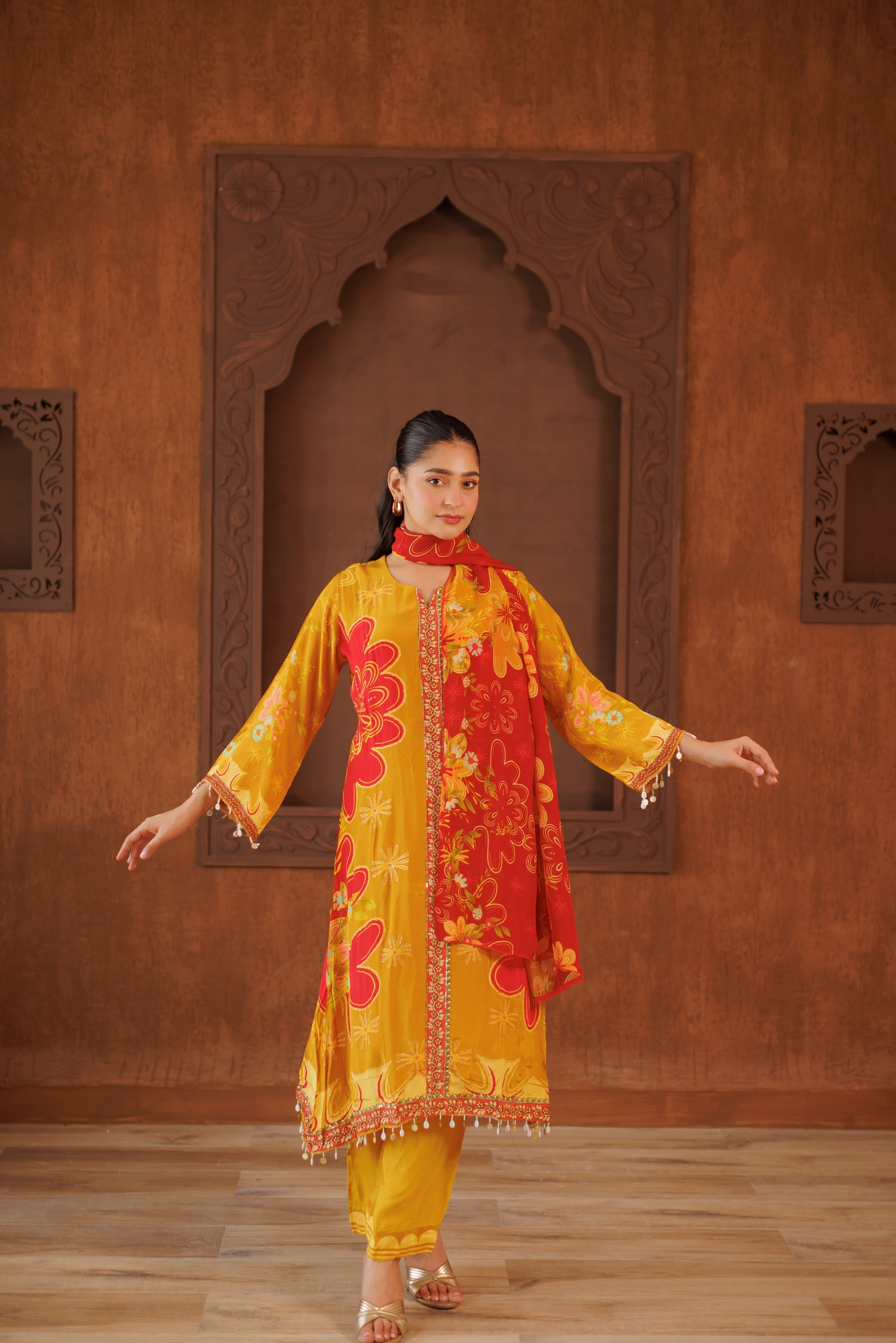 Mustard Yellow A-Line Embroidered 3-Piece Silk Suit