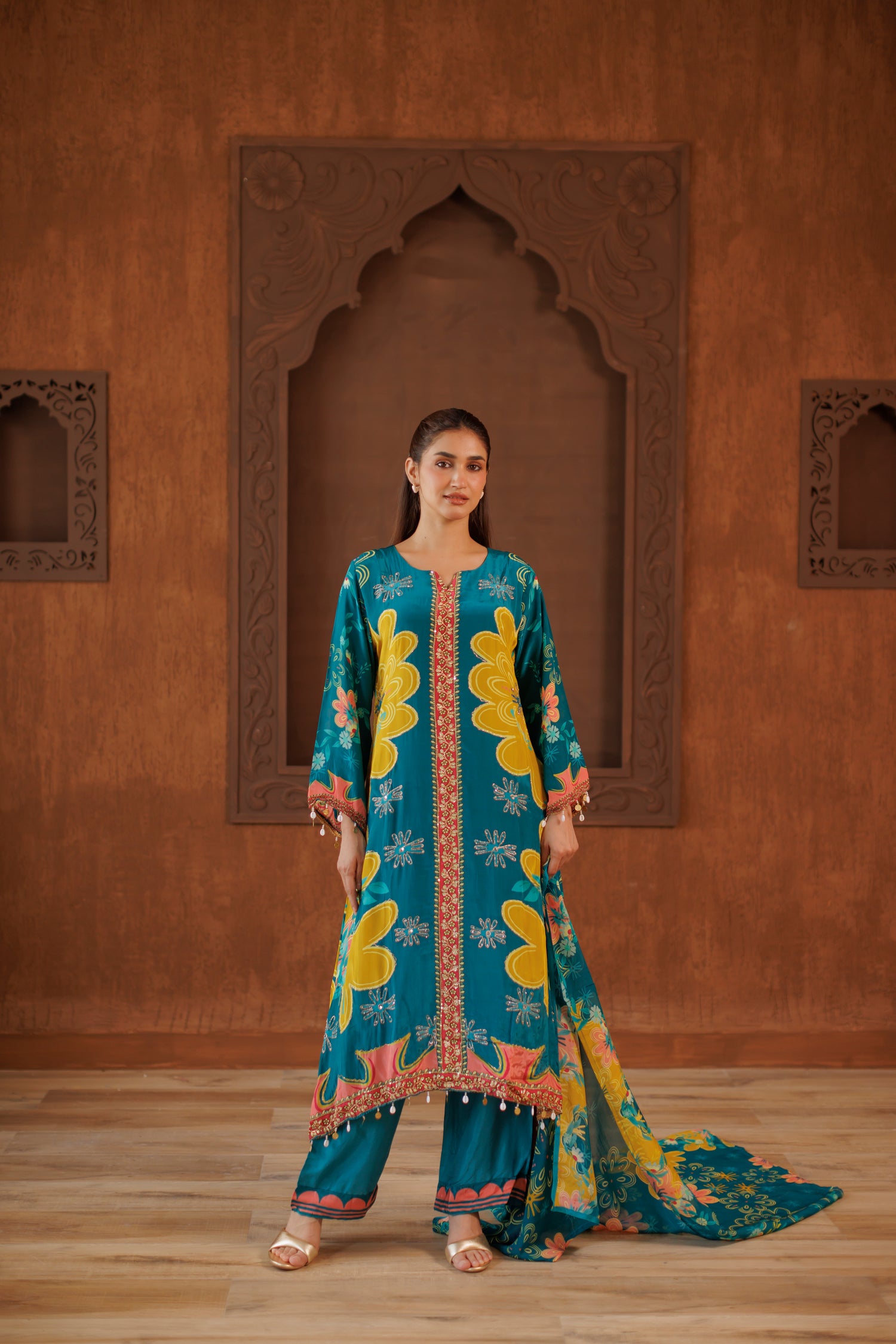 Teal Blossom A-Line Printed Kurta Set with Floral Dupatta