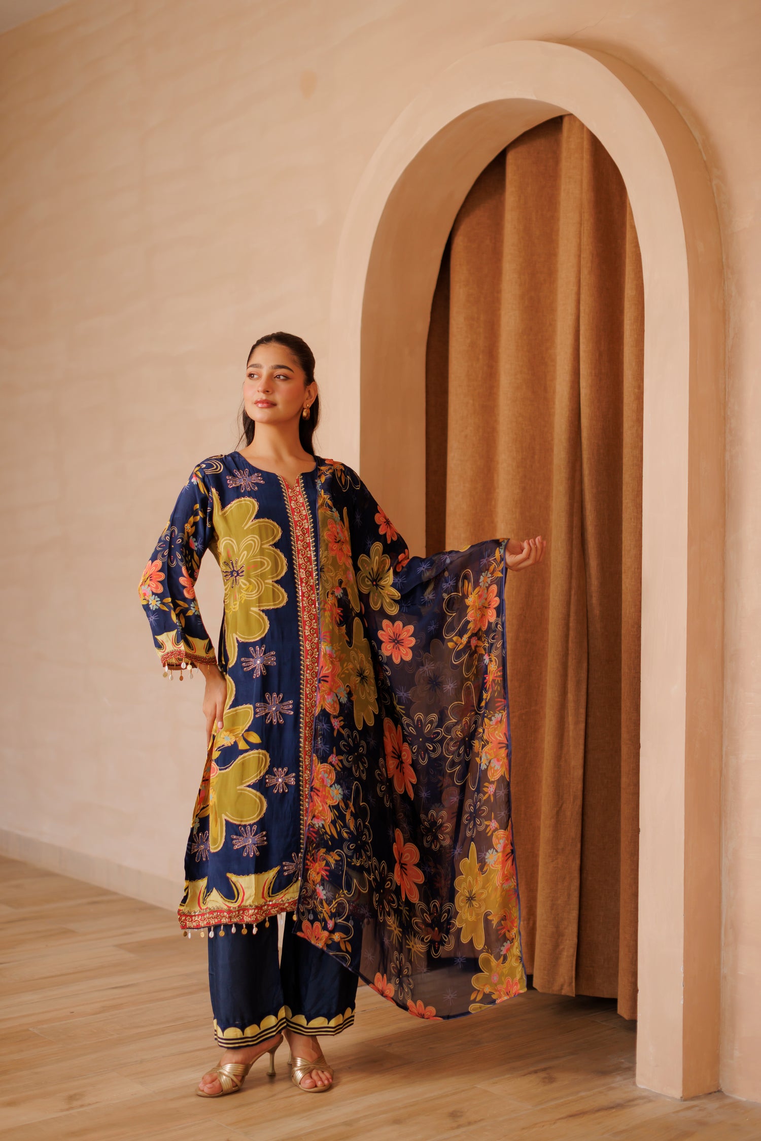 Midnight Bloom A-Line Floral Kurta Set with Printed Dupatta
