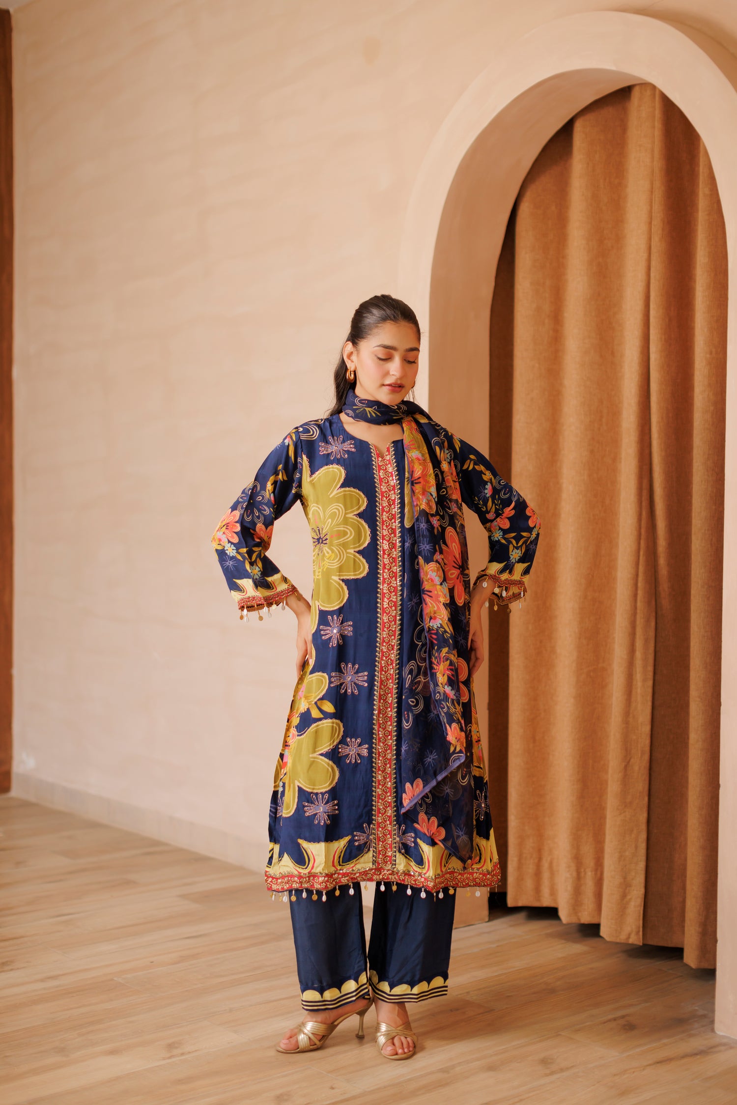 Midnight Bloom A-Line Floral Kurta Set with Printed Dupatta