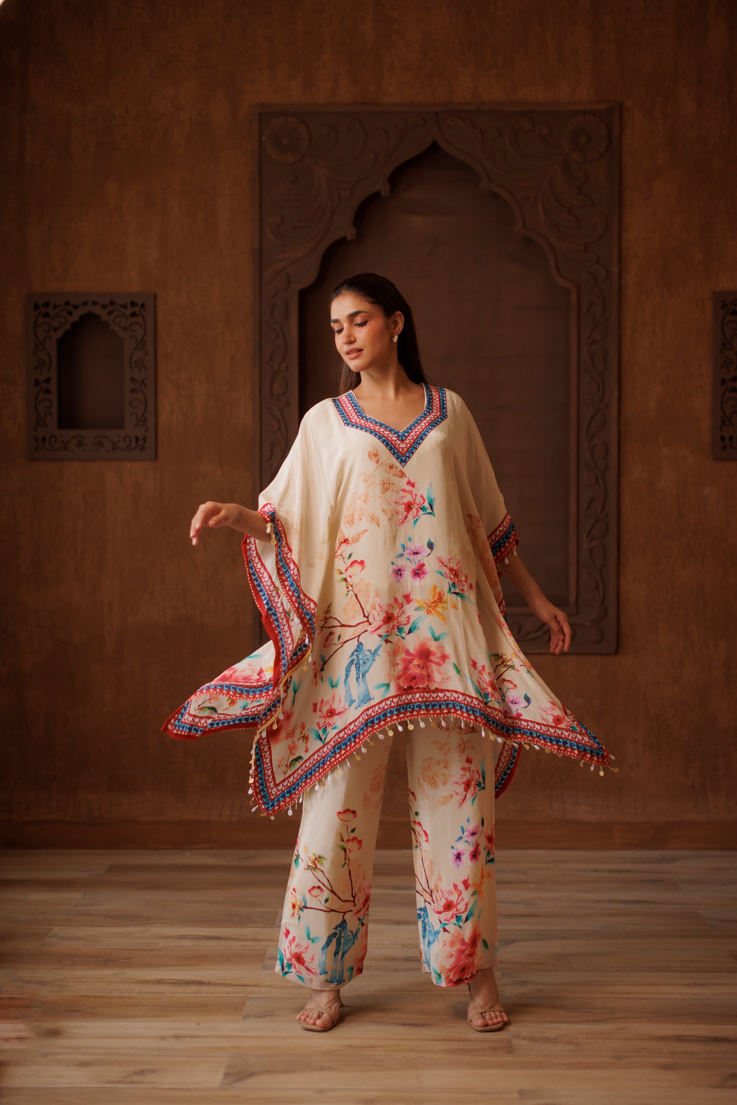 Ivory Blossom Floral Kaftan Co-ord Set