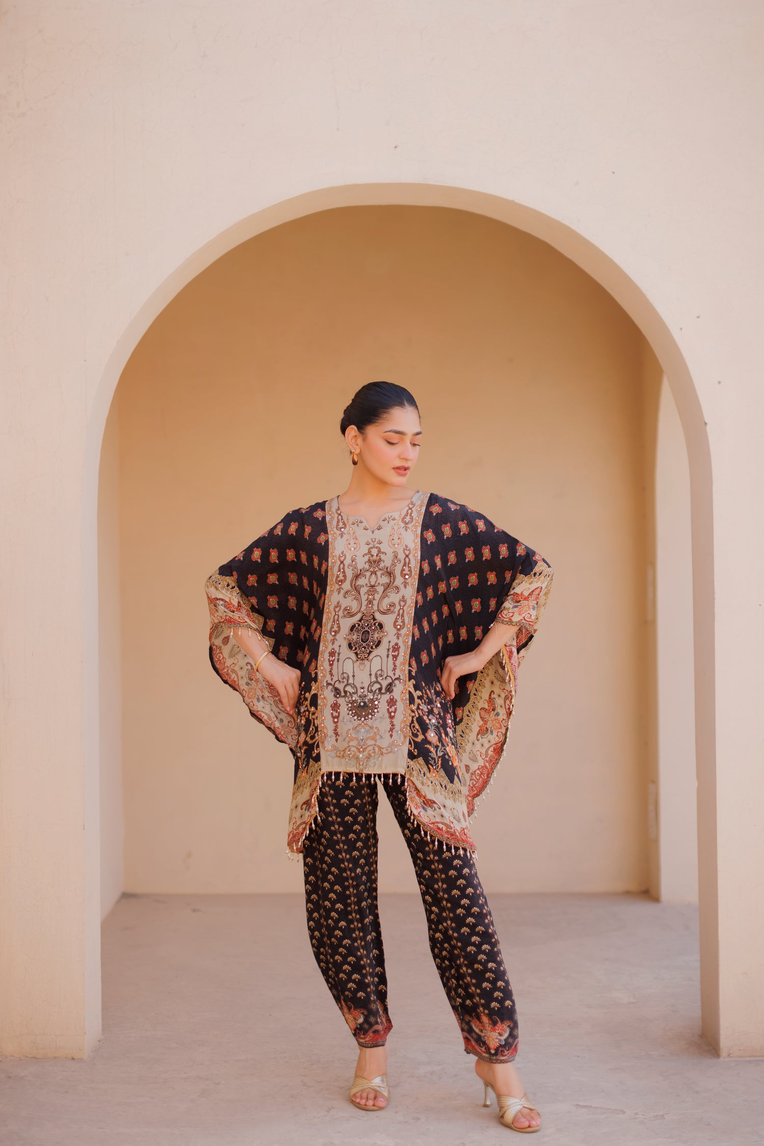 Midnight Noir Printed Co-ord Set with Embellished Kaftan Overlay