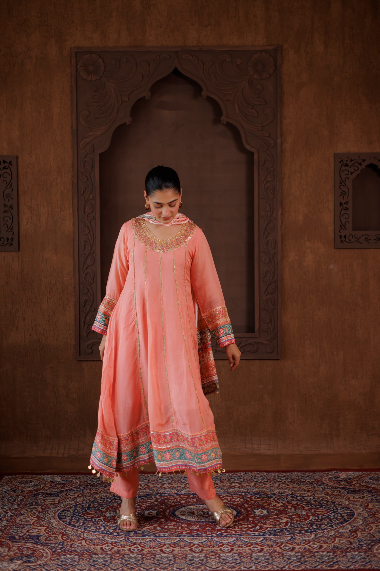 Peach Pink Embroidered Anarkali Kurta Set with Printed Dupatta