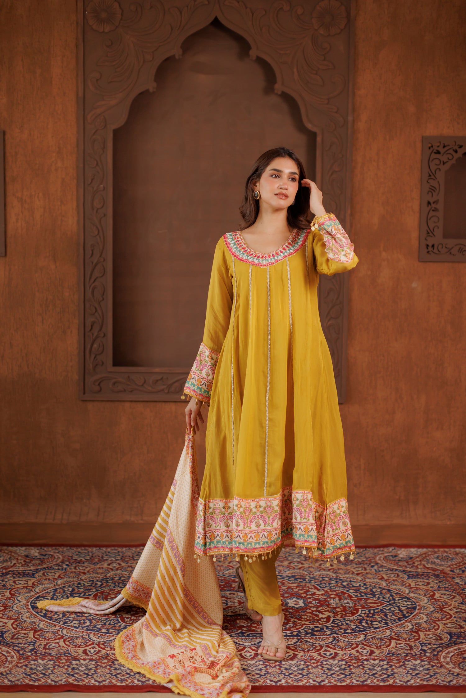 Mustard Yellow Embroidered Anarkali Kurta Set with Printed Dupatta