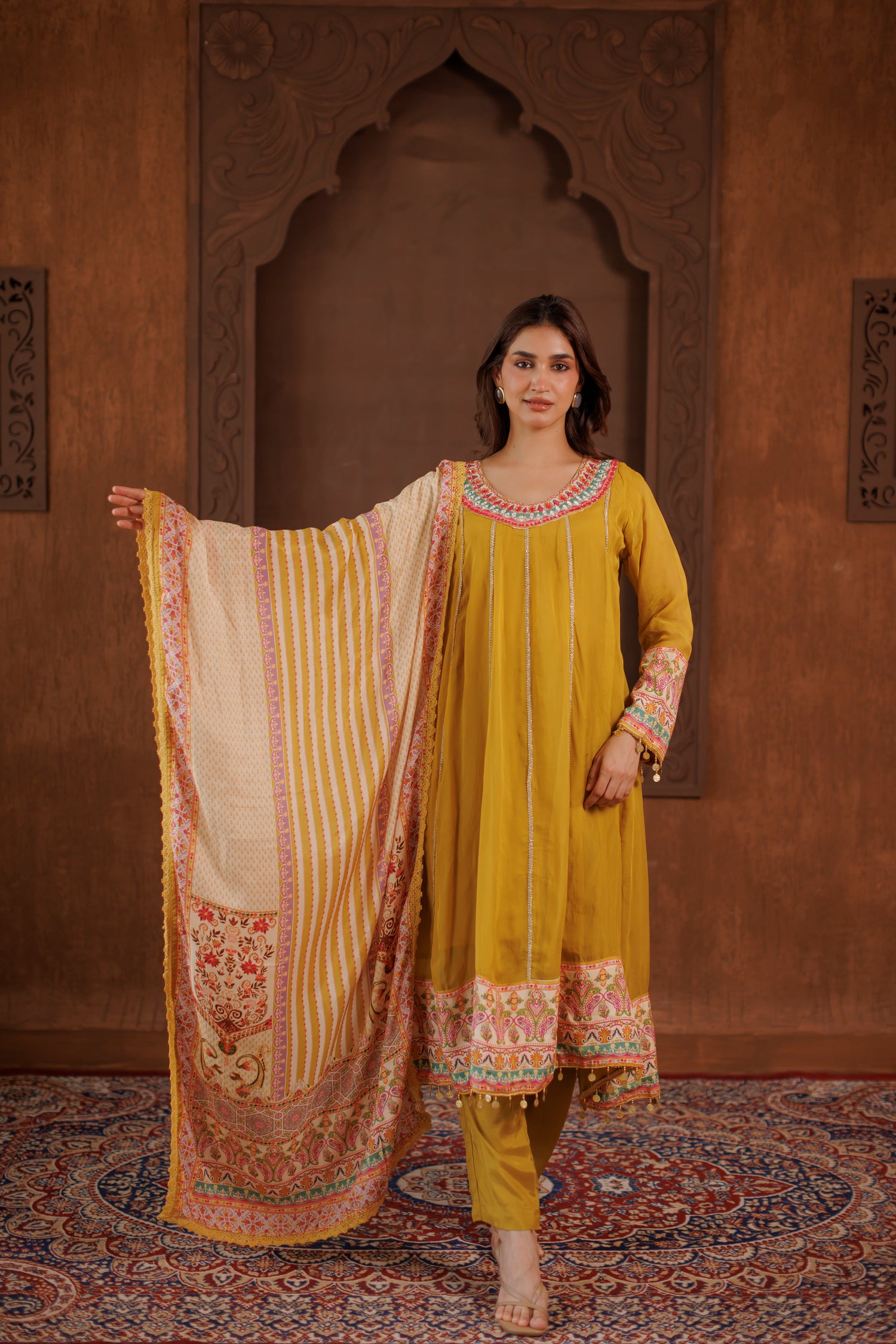 Mustard Yellow Embroidered Anarkali Kurta Set with Printed Dupatta